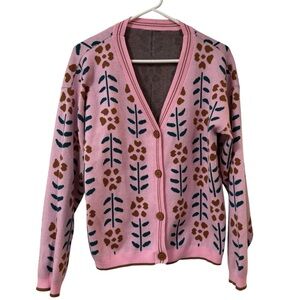 Pink floral knit cardigan cottagecore folk style button front sweater MEDIUM